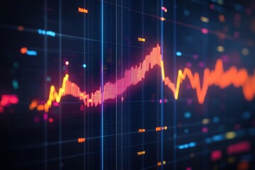 Colorful digital financial graph with fluctuating red and orange line chart showing market trends on a transparent grid background