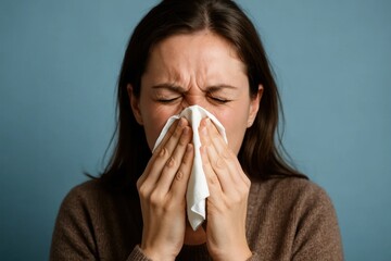 A woman takes a deep breath while blowing her nose against a calming blue backdrop