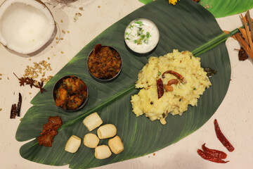 Ven Pongal Khara Pongal with Sambar coconut Chutney popular Indian breakfast food Tamil Nadu festival Pongal Sankranti Diwali spicy pongal prepared with rice lentil semolina rava South India
