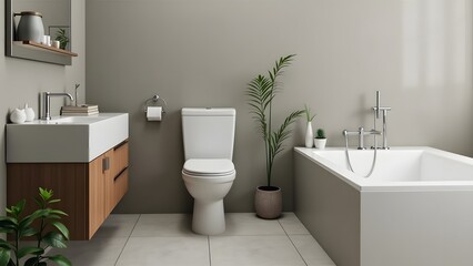 Fototapeta premium modern bathroom with white toilet, wooden vanity, sink, mirror, and green potted plant, designed with minimalist and clean aesthetic