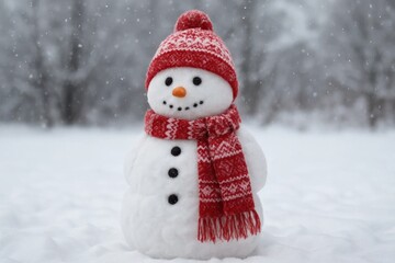 Obraz premium A serene winter wonderland unfolds as a snowman stands tall in its red scarf, embodying the spirit of holiday cheer