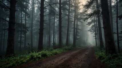 Obraz premium Misty Forest Path in Morning Light - Atmospheric Nature Scene 