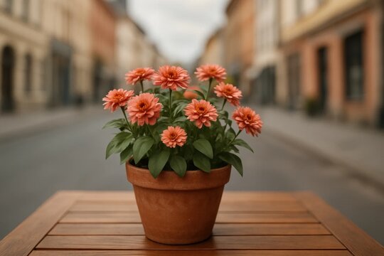 Amidst the hustle of city life, a vibrant potted zinnia blooms on a wooden table, offering a splash of color and tranquility