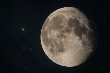 A lone star gazes upon the vast expanse of space as the moon stands as a silent sentinel in the cosmic dance