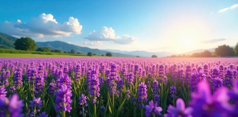 A breathtaking landscape of a field bursting with vibrant purple wildflowers, stretching to the horizon under a bright, clear sky Perfect for nature, spring, and serenity themes , violet, scenery