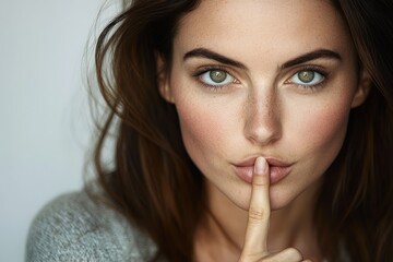 Close-up portrait of a young woman with green eyes and freckles giving a silent gesture with her finger on lips in soft natural light