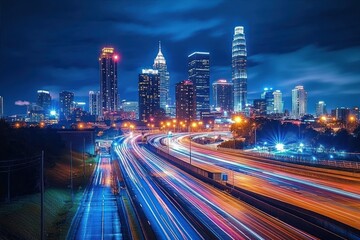 Fototapeta premium City highway at night with bright light trails from vehicles and illuminated modern skyscrapers under a dark blue cloudy sky