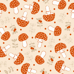 Seamless Mushroom Pattern with Toadstools, Forest Plants and Berries. Cute Hand-Drawn Nature Design. Cartoon Forest Mushroom background. Fly Agaric.