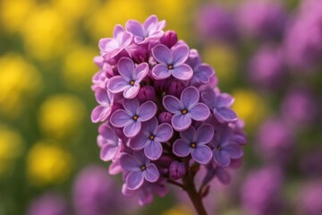 Amidst a sea of purple and yellow, a single lilac stands out, its delicate petals reaching towards the sky