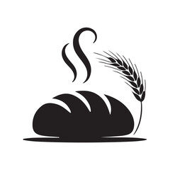 Black and white graphic of a loaf of bread with wheat and steam lines