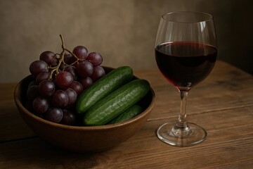 An elegant still life composition featuring a bowl of ripe grapes and cucumbers alongside a glass filled with red wine, set against a subdued backdrop