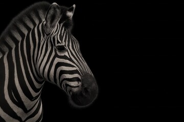 Fototapeta premium A solitary zebra stands against the stark blackness of its environment, a striking contrast that highlights the beauty and mystery of nature