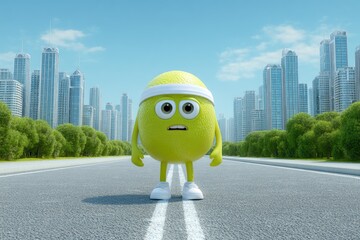Lime character in athletic wear, city background