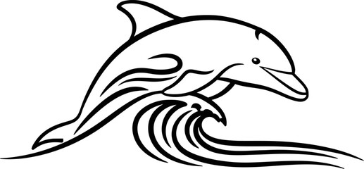 Black Outline Dolphin Jumping Over Wave In White Background