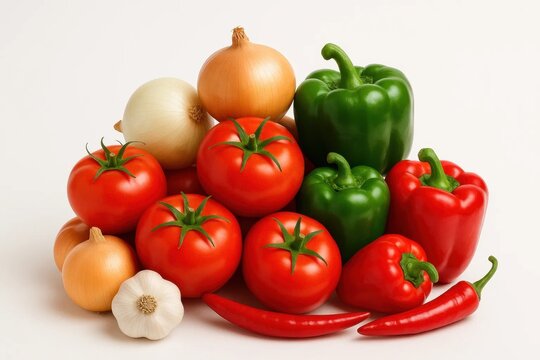 red tomatoes, green peppers, onions, and garlic, all poised in a harmonious display against a pristine white backdrop