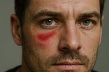 Obraz premium A close-up portrait of a man with a striking red mark on his face