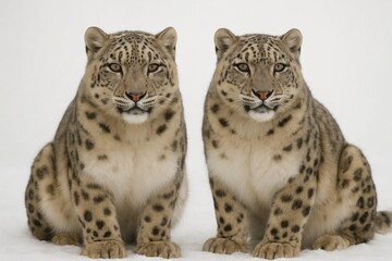 Two majestic snow leopards sit in silent companionship against a pristine white background, their gaze steady and unwavering