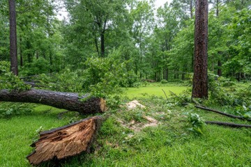 Fallen trees & debris after storm.  Green grass,  broken branches and logs litter the ground