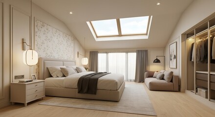 cozy, light-filled bedroom with a large bed, a seating area near the window, and a built-in closet
