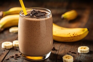Close-up of a creamy chocolate banana smoothie in a clear glass with chocolate shavings on top and a yellow straw, surrounded by whole and sliced bananas on a wooden surface