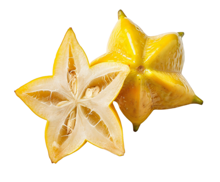 Two star fruits, one whole and one sliced in half, isolated on transparent background