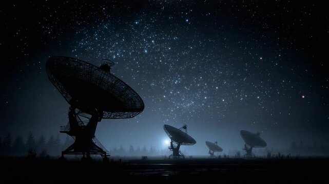 Silhouette of large parabolic antennas point towards a vast, starry night sky.  Silhouetted antennas stand over a treeline. A bright light is below