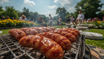 Sausages are being grilled on a barbecue at a home garden party.