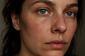 Obraz premium A close-up portrait of a young woman with clear blue eyes and freckles, showcasing her natural beauty