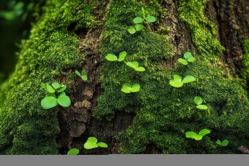 Close-up of bright green moss and small seedlings growing on rough brown tree bark in a natural environment