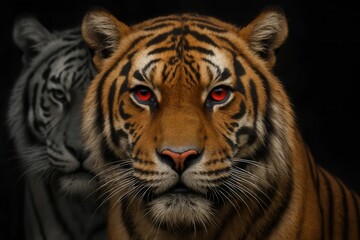 Fototapeta premium A striking tiger with vivid red eyes gazes intently into the darkness, its powerful presence dominating the frame