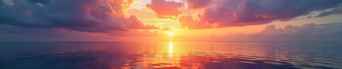 A majestic view of a calm sea at sunset, the sky ablaze with vibrant colors reflecting on the tranquil water, signifying a peaceful victory , clouds, image