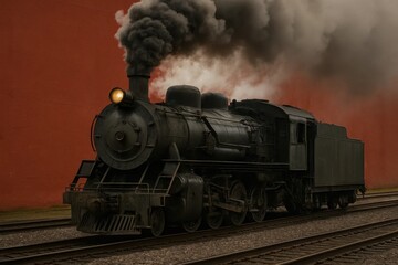 Obraz premium A steam locomotive chugs along the tracks, billowing smoke into the night sky