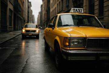 Amidst the city's gloom, two yellow taxis stand out, their headlights piercing the foggy night as they navigate the wet streets