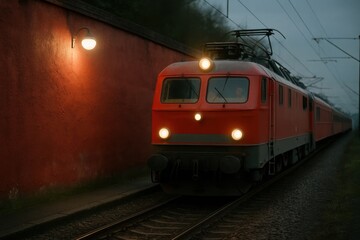 Naklejka premium A solitary red train journeys through the foggy night, its headlights piercing the darkness as it moves along a track lined with overhead power lines