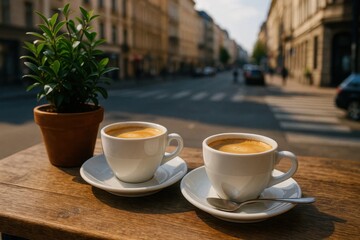Fototapeta premium Embracing tranquility amidst urban hustle, a pair of cappuccinos awaits on a sunlit table, with the city's heartbeat in the background