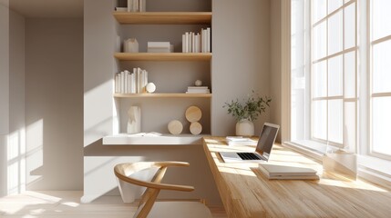Minimalist home office with wooden desk and shelves