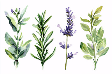 Watercolor illustration of aromatic herbs including sage, rosemary, and lavender, detailed botanical art on white background
