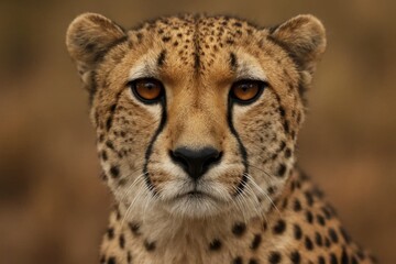A close-up of a cheetah's face with its eyes wide open, looking directly at the camera