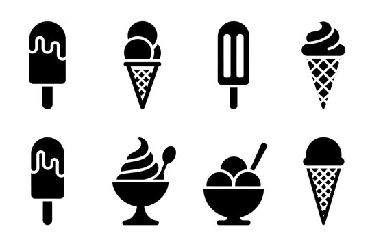 Collection of black and white ice cream icons in various shapes and styles for design inspiration use
