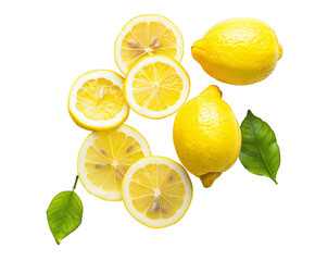 Fresh yellow lemons and slices isolated on transparent background