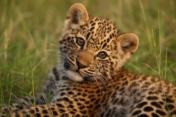 Fototapeta premium A young leopard cub gazes into the distance with curiosity and wonder, its golden fur contrasting against the verdant grass of a sunlit savanna