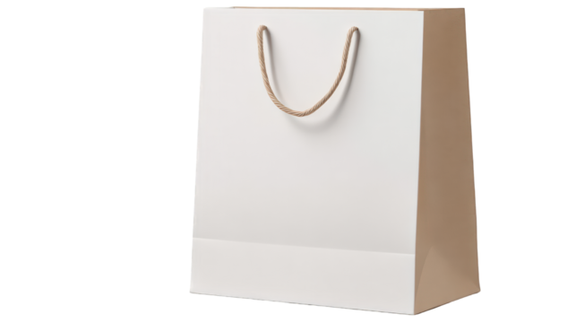 Blank white and brown kraft paper shopping bag with twisted rope handles.