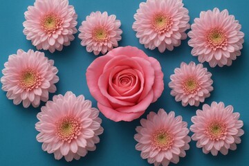 A delicate bouquet of pink gerbera daisies radiates beauty against a calming blue backdrop, with a single vibrant pink rose at the center, symbolizing love and admiration