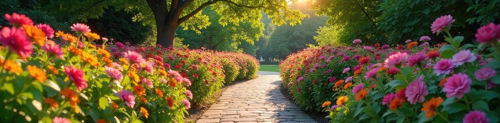A winding garden path, overflowing with vibrant blooms forming a natural bouquet Lush greenery frames the picturesque scene, leading towards a sun-drenched destination , trail, walkway, idyllic