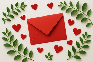 A vibrant red envelope adorned with green leaves and scattered red hearts, symbolizing love and affection