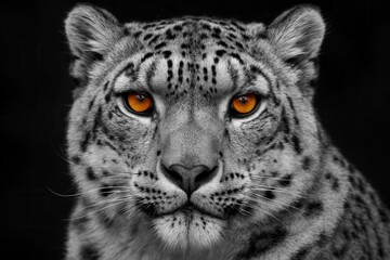 Obraz premium The image depicts a majestic snow leopard with striking orange eyes, set against a stark black background that accentuates its features and gaze