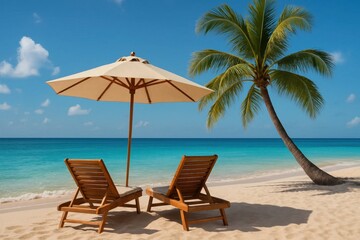 Obraz premium Lounge Chairs and Umbrella on a Tropical Beach with Clear Blue Skies and Waves