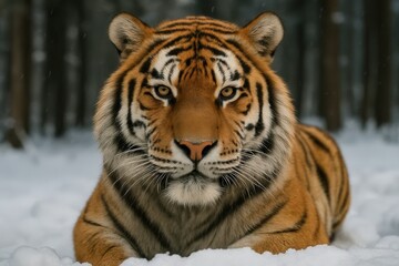 Obraz premium A majestic tiger gazes into the camera amidst a serene winter landscape