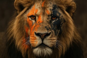 Naklejka premium A striking portrait of a lion, its fur a tapestry of earthy browns and vibrant oranges, gazes with an unyielding intensity into the viewer's soul