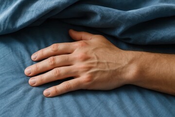 Fototapeta premium A Hand Resting on a Blue Bedsheet